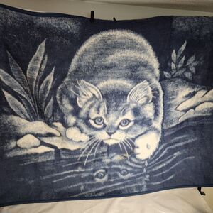 Biederlack Blanket 46 X 54 Blue Cat Kitten Reflection Pond Reversible Throw Vtg